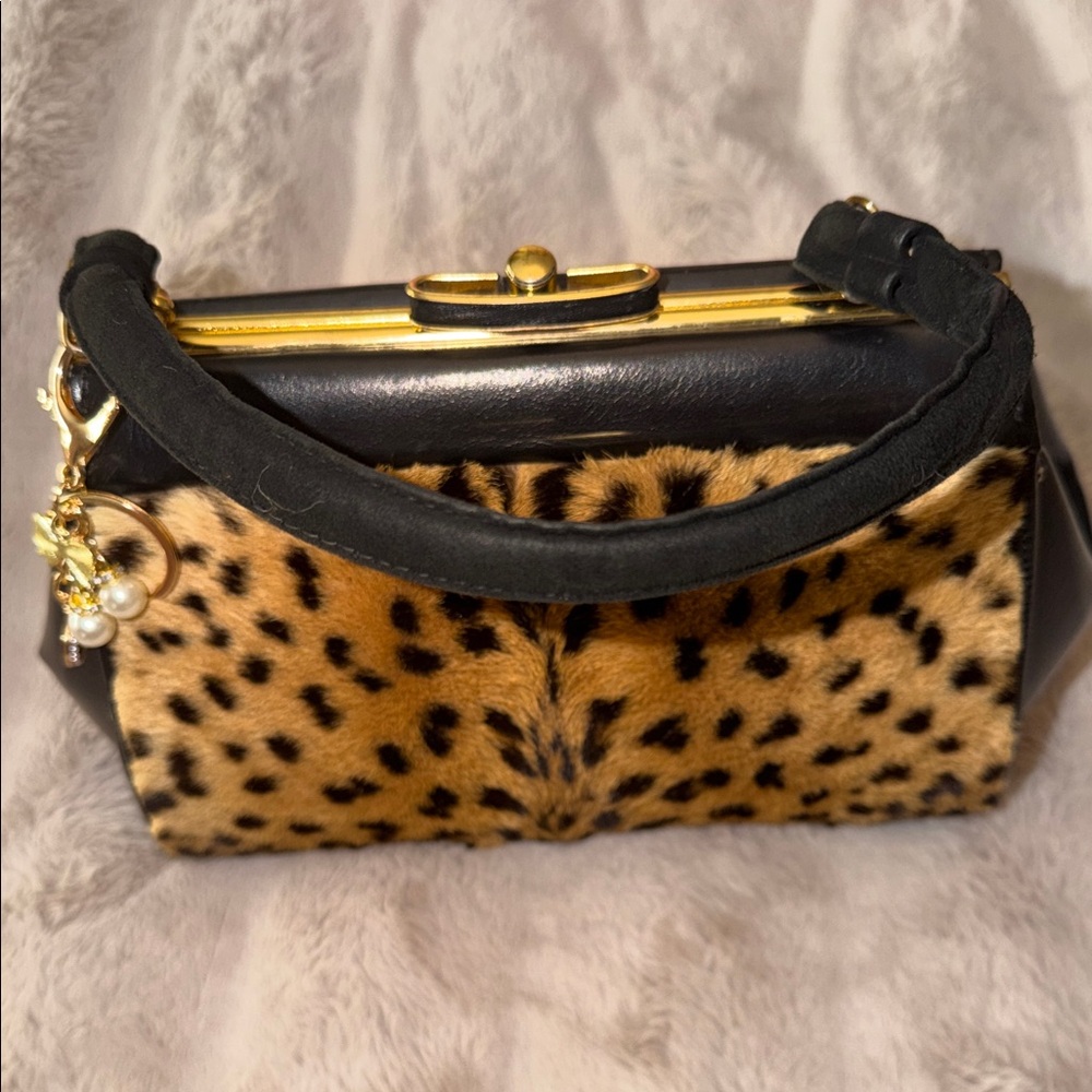 Vintage Black and Leopard-Print Faux Fur Top-Handle Satchel - Picture 10 of 10